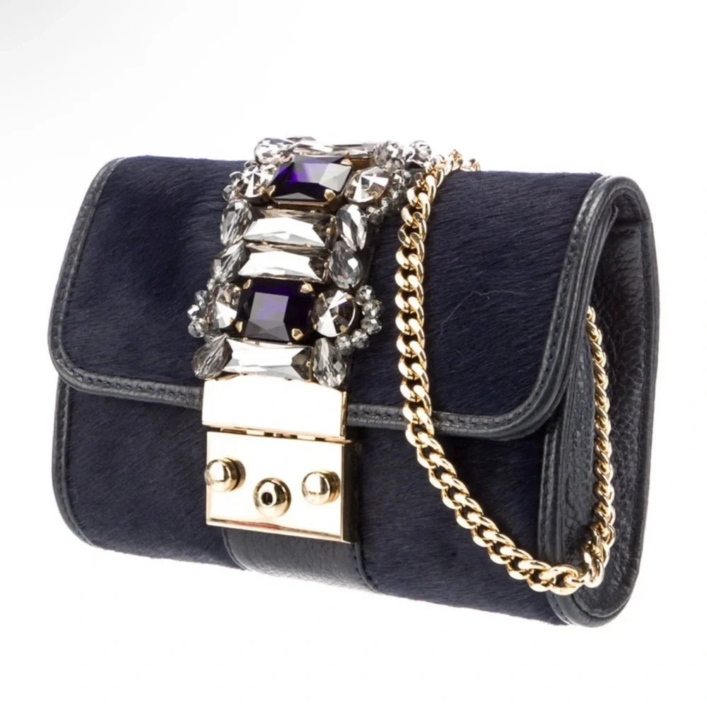 Gedebe Navy Pony Hair and Leather Embellished Handbag